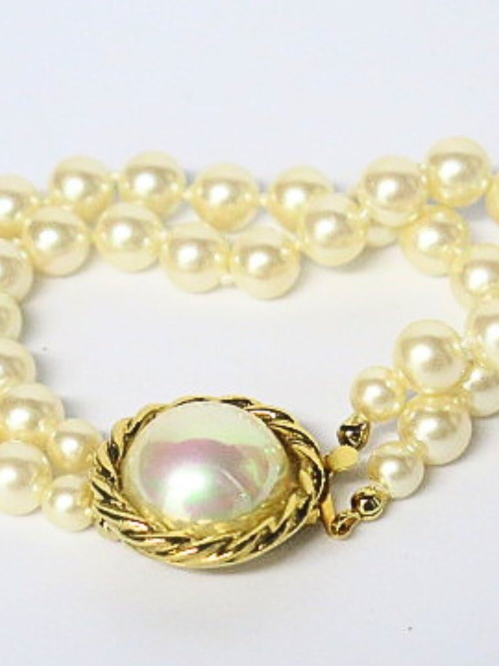 Vintage CAROLEE Double Strand Faux Pearl Bracelet Gold Tone Statement Clasp